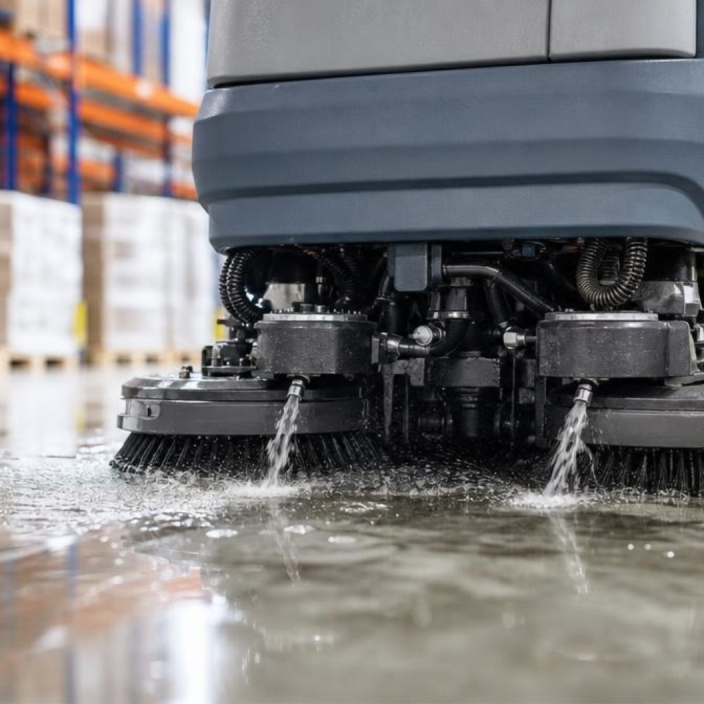 מכונת שטיפה רצ floors תעשייתית עם מברשות וסילוני מים על רצפת בטון מבריק.
